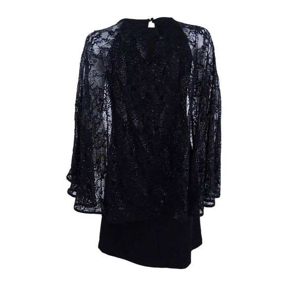 Calvin Klein Women's Plus Size Sequined Lace Capelet Dress - Black - Picture 2 of 2
